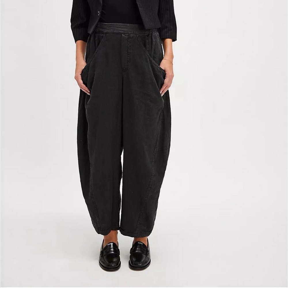 Free People High Road Pull-On Barrel Linen Pants In Python Black Sz XS - Picture 3 of 10